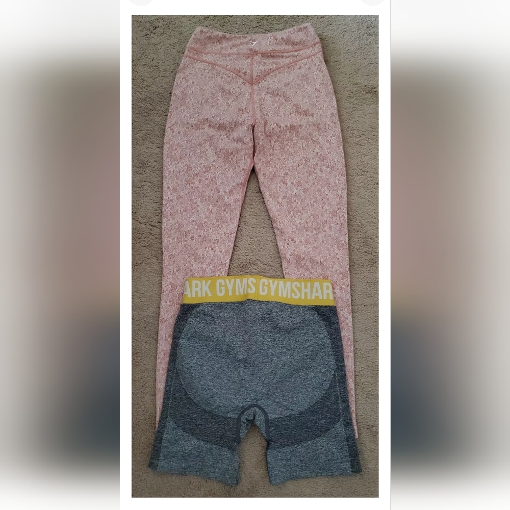 Gymshark Dusty Pink Marled Seamless Leggings And Gray Shorts